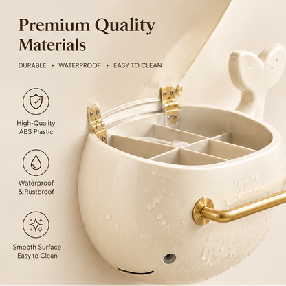 Premium quality materials — durable, waterproof and easy to clean. High-quality ABS plastic, waterproof and rustproof, smooth surface. Close-up of open whale organizer with gold hinges and towel bar with water droplets