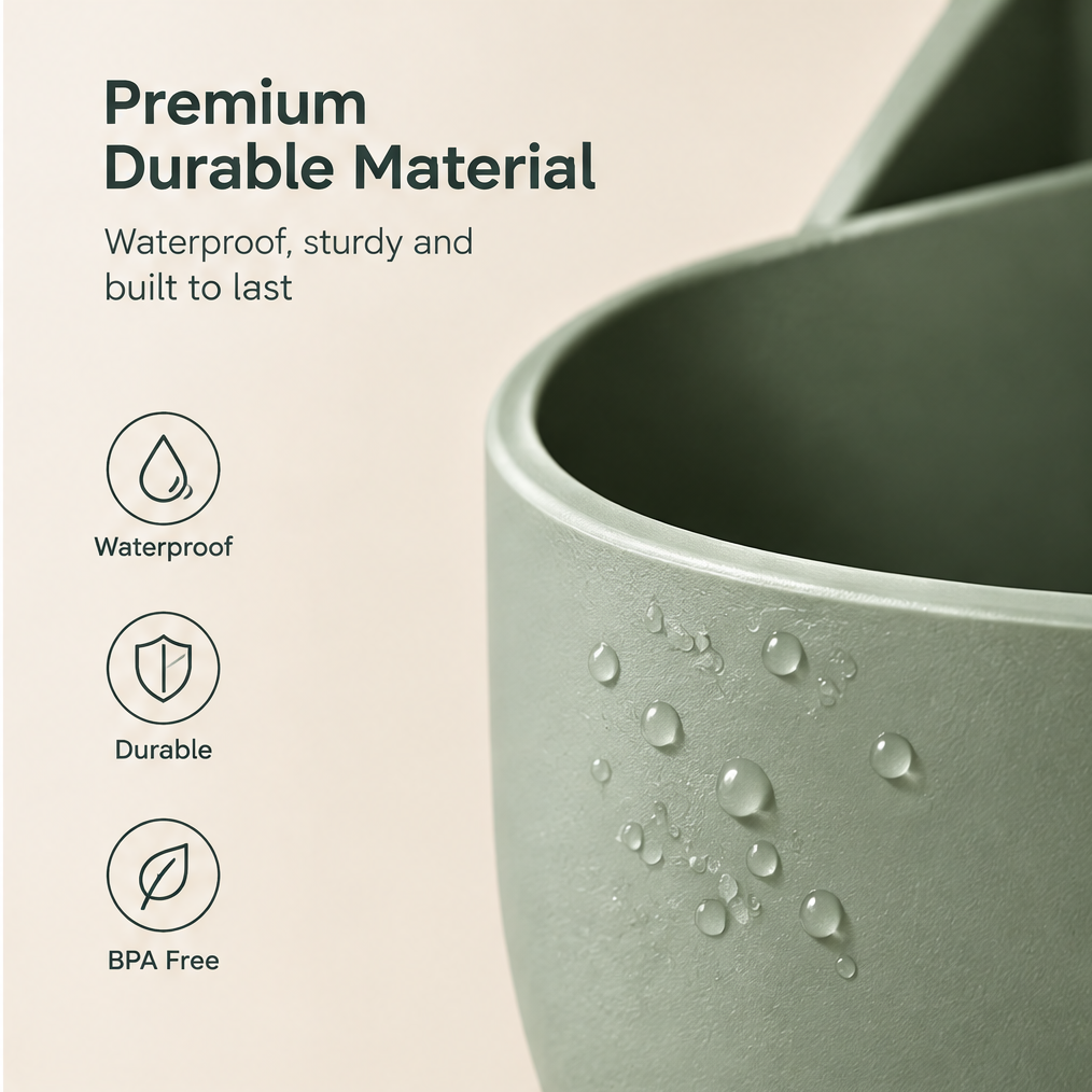 Premium durable material — waterproof, sturdy and built to last. BPA free, durable, waterproof. Close-up of sage green material with water droplets