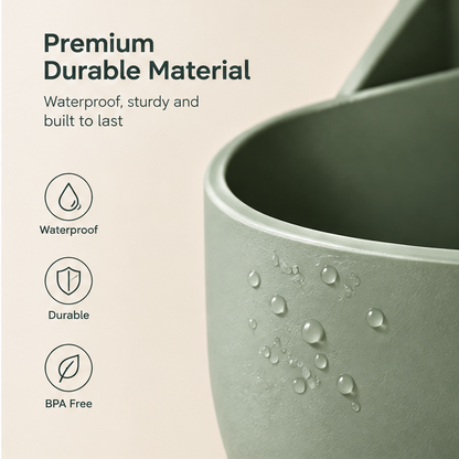 Premium durable material — waterproof, sturdy and built to last. BPA free, durable, waterproof. Close-up of sage green material with water droplets