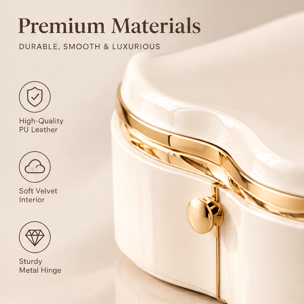Premium materials — durable, smooth and luxurious. High-quality PU leather, soft velvet interior, sturdy metal hinge. Close-up of cream PU leather exterior with gold metal hinge and gold ball clasp