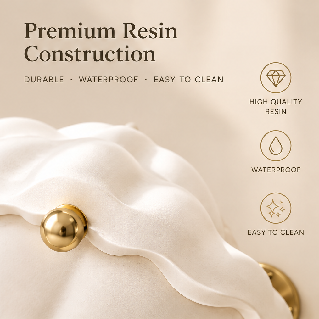 Premium resin construction — durable, waterproof and easy to clean. High quality resin, waterproof, easy to clean. Close-up of wavy white resin lid with gold ball knob