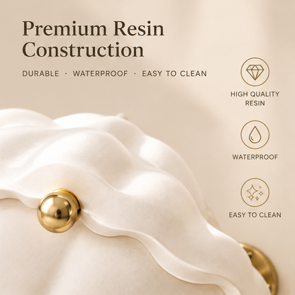 Premium resin construction — durable, waterproof and easy to clean. High quality resin, waterproof, easy to clean. Close-up of wavy white resin lid with gold ball knob