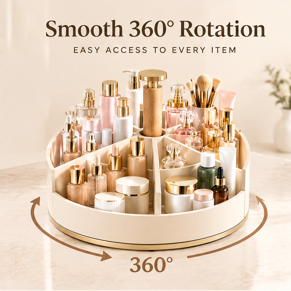 Smooth 360 degree rotation — easy access to every item. Rotating organizer tray filled with gold-top skincare and makeup products with rotation arrows shown