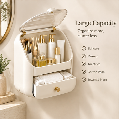 Large capacity — organize more, clutter less. Stores skincare, makeup, toiletries, cotton pads, towels and more