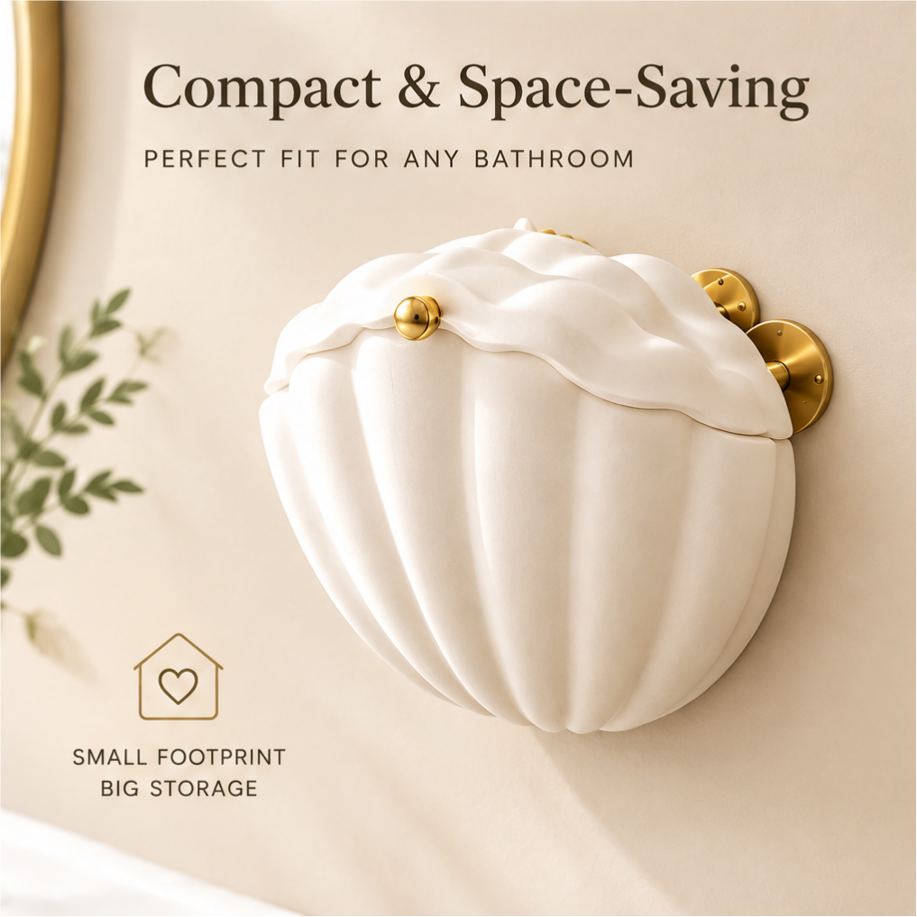 Compact and space-saving — perfect fit for any bathroom. Small footprint, big storage. Closed shell organizer mounted on wall with gold hardware