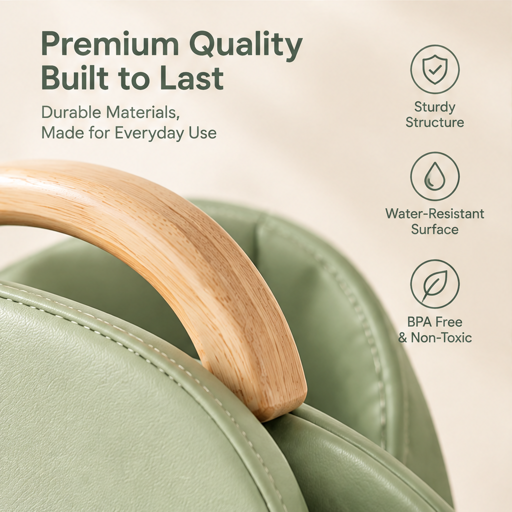 Premium quality built to last — durable materials made for everyday use. Sturdy structure, water-resistant surface, BPA free and non-toxic. Close-up of wooden handle and soft PU leather