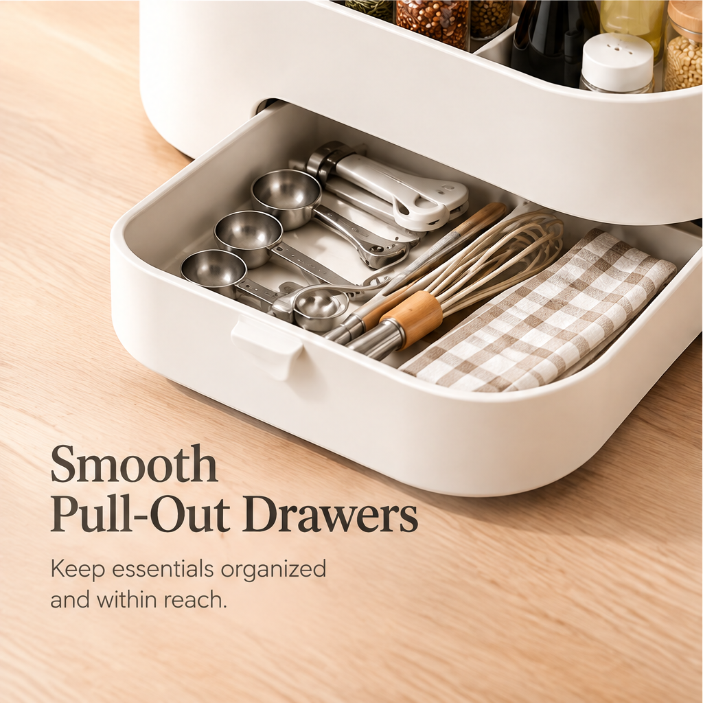 Everything in one place — organize, simplify, enjoy your space with all tiers and drawer fully loaded