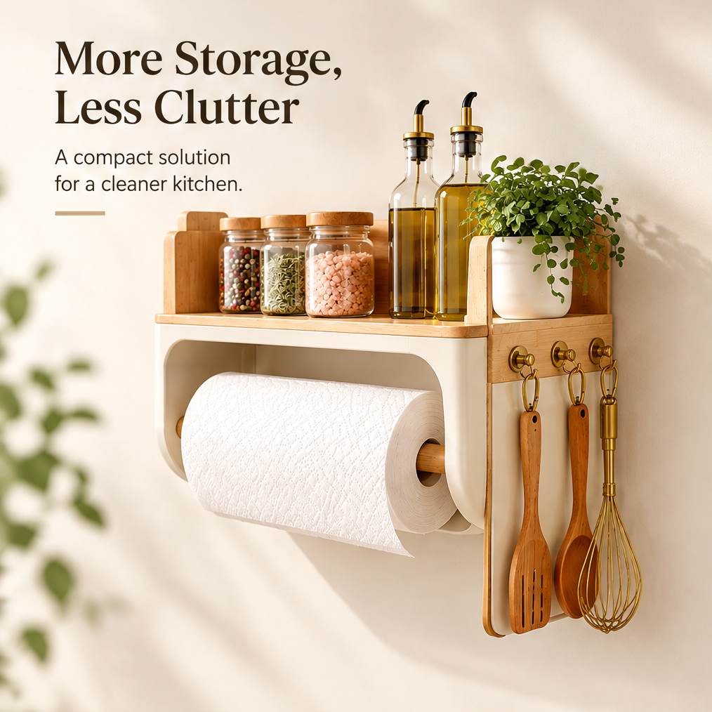 More storage, less clutter — a compact solution for a cleaner kitchen. Kitchen wall organizer with spice jars, olive oil bottles, and hanging wooden utensils