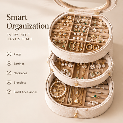 Smart organization — every piece has its place. Rings, earrings, necklaces, bracelets and small accessories. All three layers open showing fully loaded velvet-lined compartments