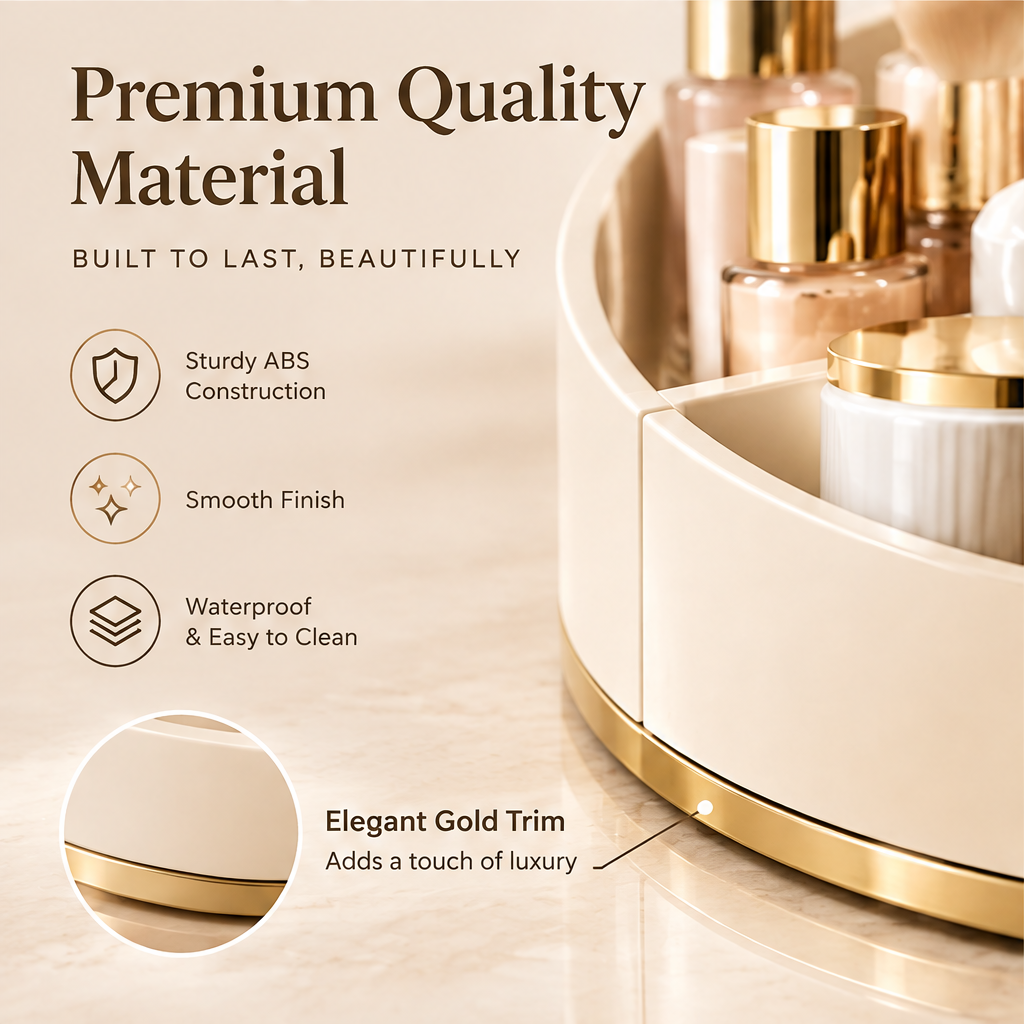 Premium quality material — built to last, beautifully. Sturdy ABS construction, smooth finish, waterproof and easy to clean. Elegant gold trim adds a touch of luxury. Close-up of cream organizer edge with gold trim detail
