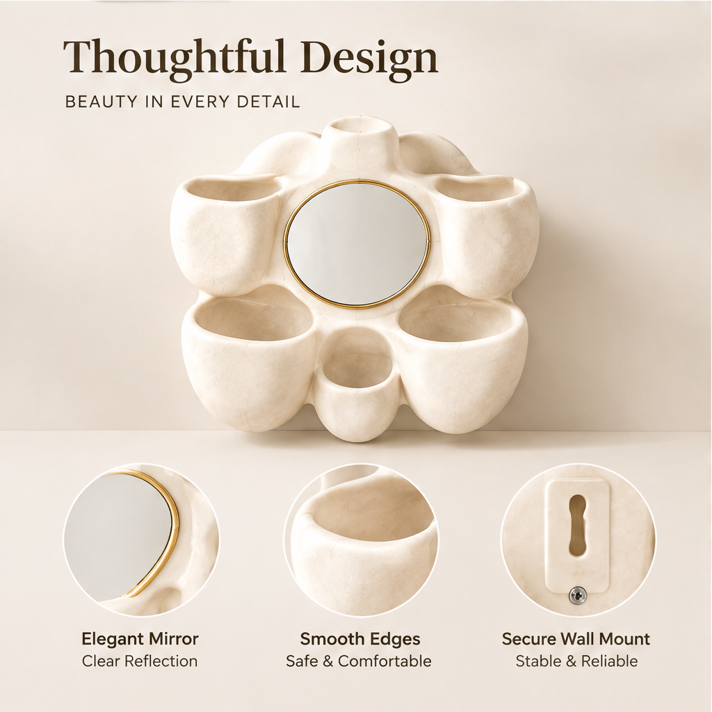 Thoughtful design — beauty in every detail. Elegant mirror with clear reflection, smooth edges safe and comfortable, secure wall mount stable and reliable
