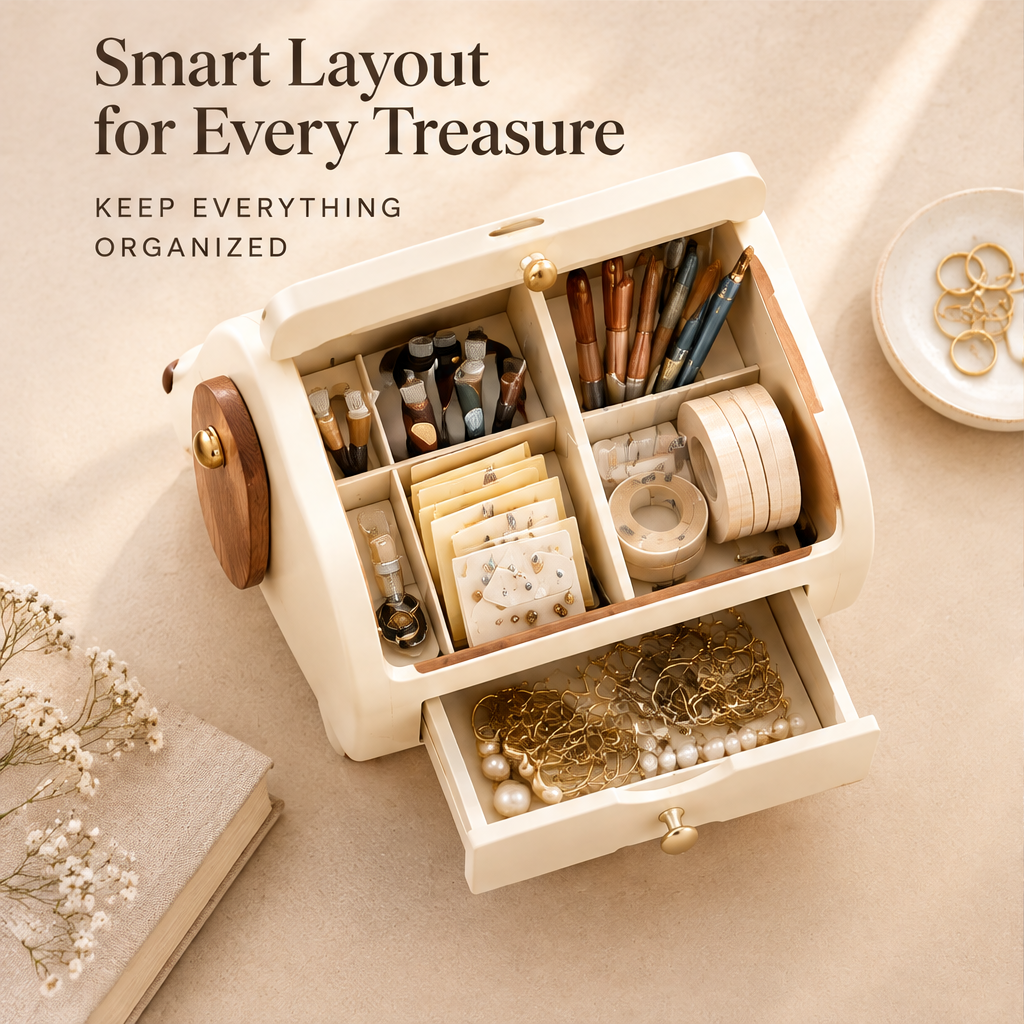 Smart layout for every treasure — keep everything organized. Top-down view of open puppy organizer showing divided top compartments with pens, washi tape and stickers, bottom drawer with gold chains and pearl necklaces