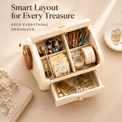 Smart layout for every treasure — keep everything organized. Top-down view of open puppy organizer showing divided top compartments with pens, washi tape and stickers, bottom drawer with gold chains and pearl necklaces