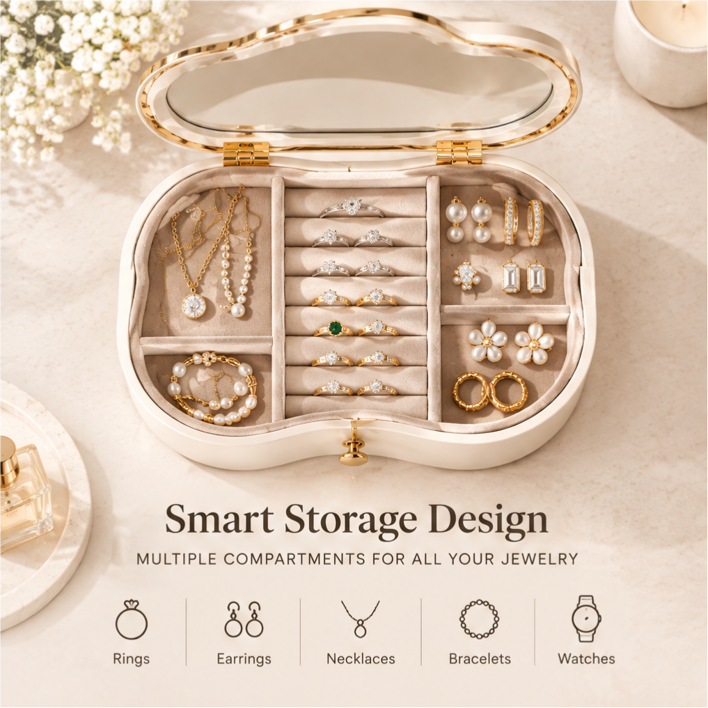 Smart storage design — multiple compartments for all your jewelry. Rings, earrings, necklaces, bracelets and watches. Top-down view of open jewelry box fully loaded with gold and diamond jewelry