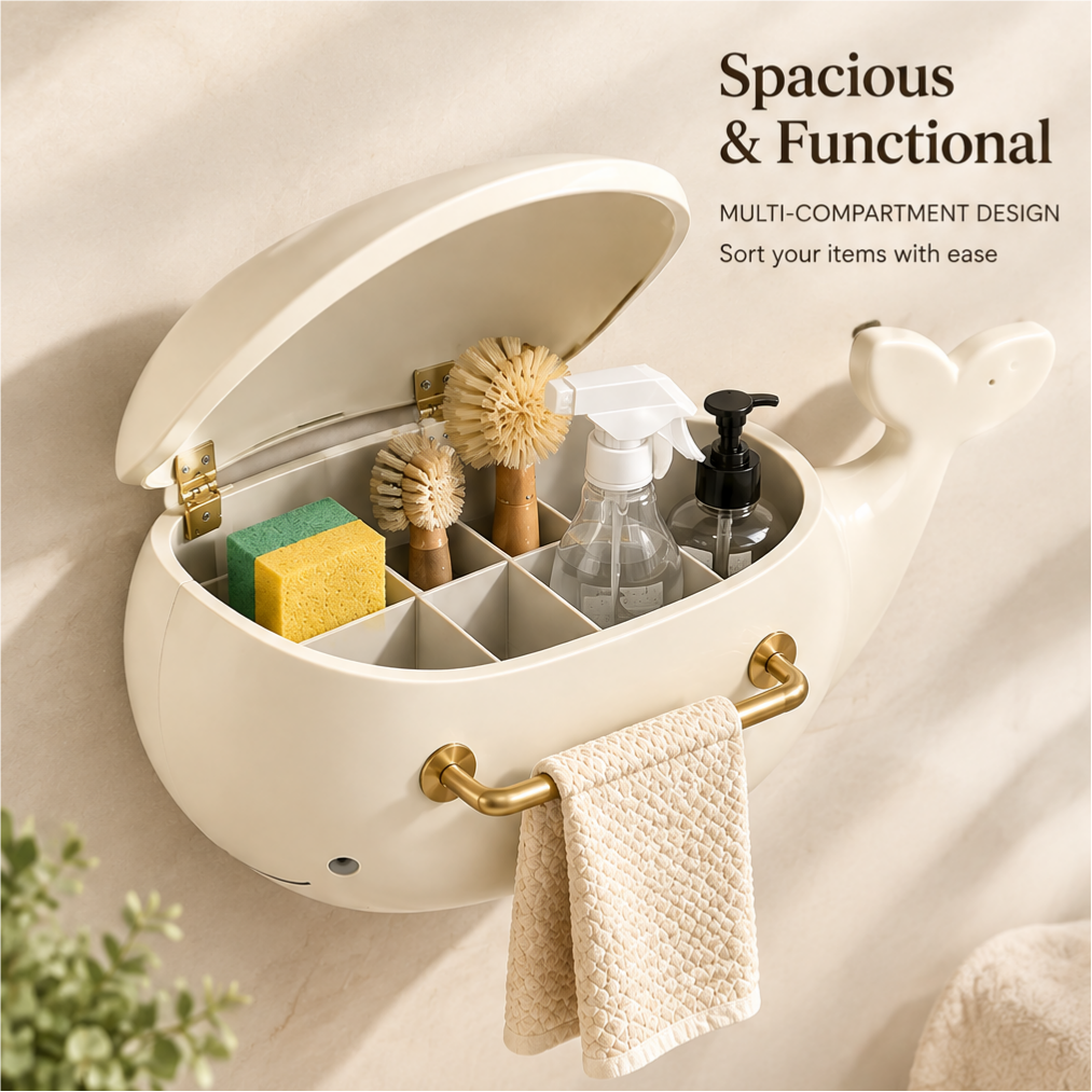Spacious and functional — multi-compartment design, sort your items with ease. Whale organizer with multiple dividers holding sponges, brushes and cleaning bottles, with towel hanging below