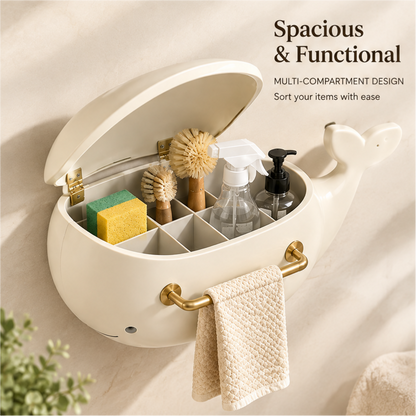 Spacious and functional — multi-compartment design, sort your items with ease. Whale organizer with multiple dividers holding sponges, brushes and cleaning bottles, with towel hanging below