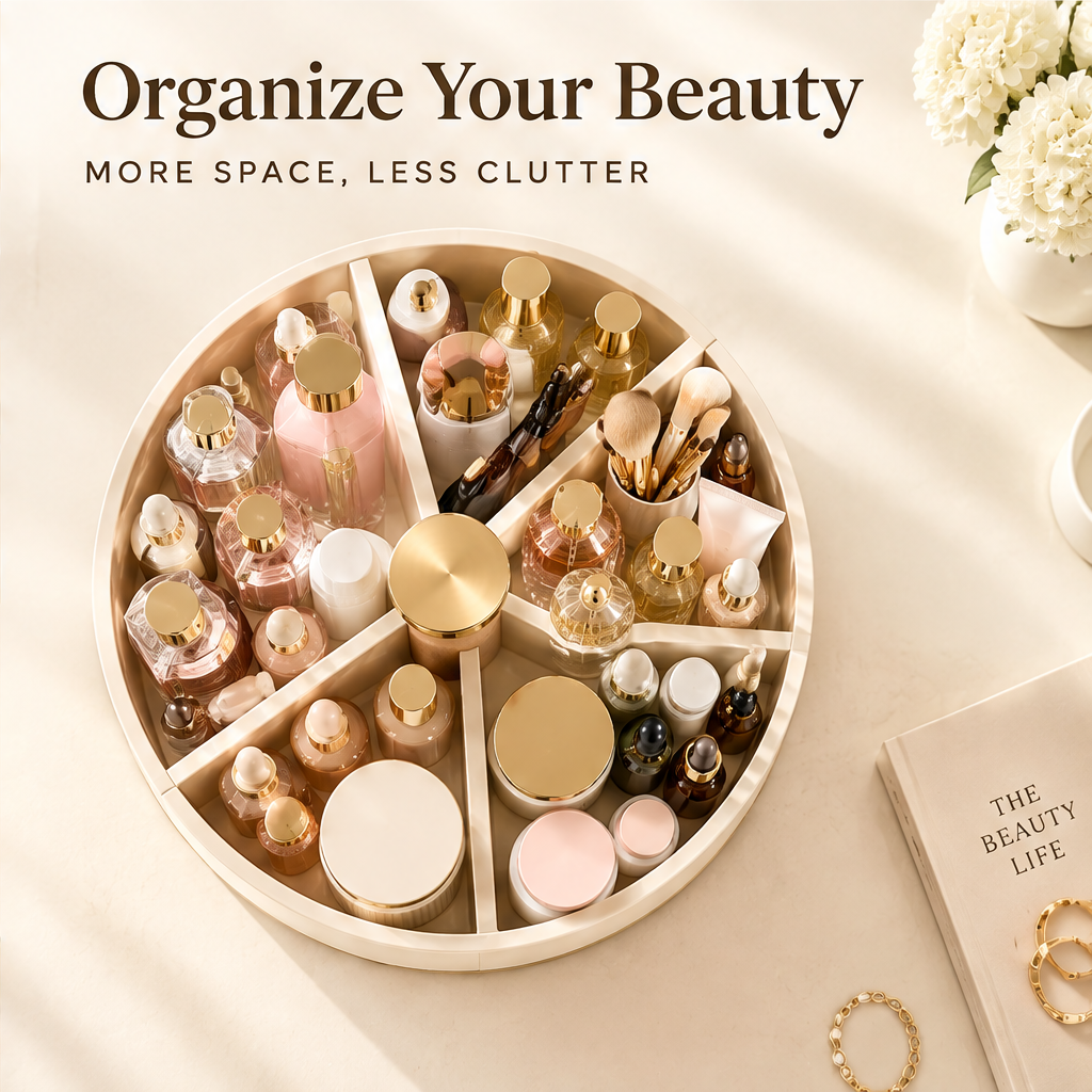 Organize your beauty — more space, less clutter. Top-down view of fully loaded rotating tray with perfumes, serums, face creams, brushes and gold-detail products