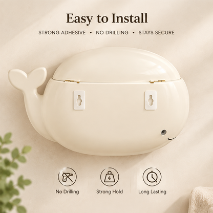 Easy to install — strong adhesive, no drilling, stays secure. No drilling, strong hold, long lasting. Back view of whale organizer showing adhesive mounting strips