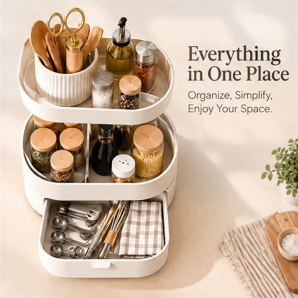 Full view of 3-tier rotating organizer with open pull-out drawer showing kitchen tools and measuring spoons