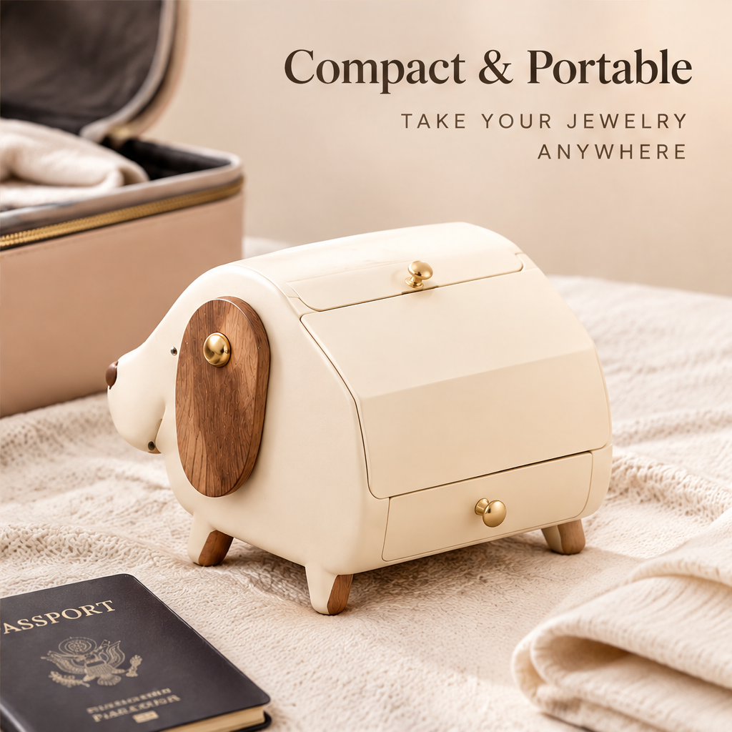 Compact and portable — take your jewelry anywhere. Closed cream puppy-shaped jewelry box with walnut wood ear and gold hardware, next to passport and travel bag on a bed