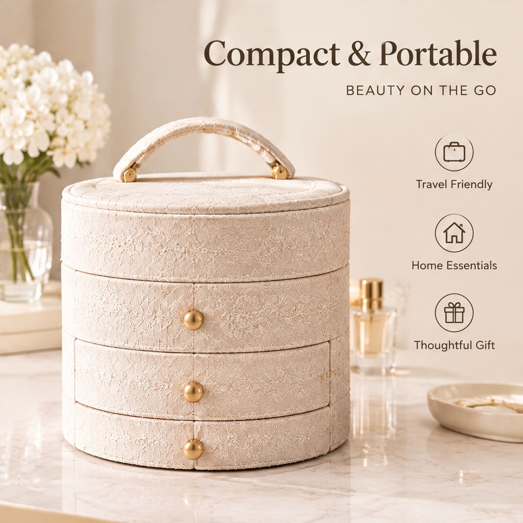 Compact and portable — beauty on the go. Travel friendly, home essentials, thoughtful gift. Closed cream linen round jewelry box with gold handle and gold ball side clasps on marble vanity