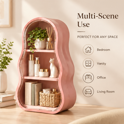 Multi-scene use — perfect for any space. Bedroom, vanity, office, living room. Pink 3-tier display cabinet styled with plants, skincare bottles and woven basket