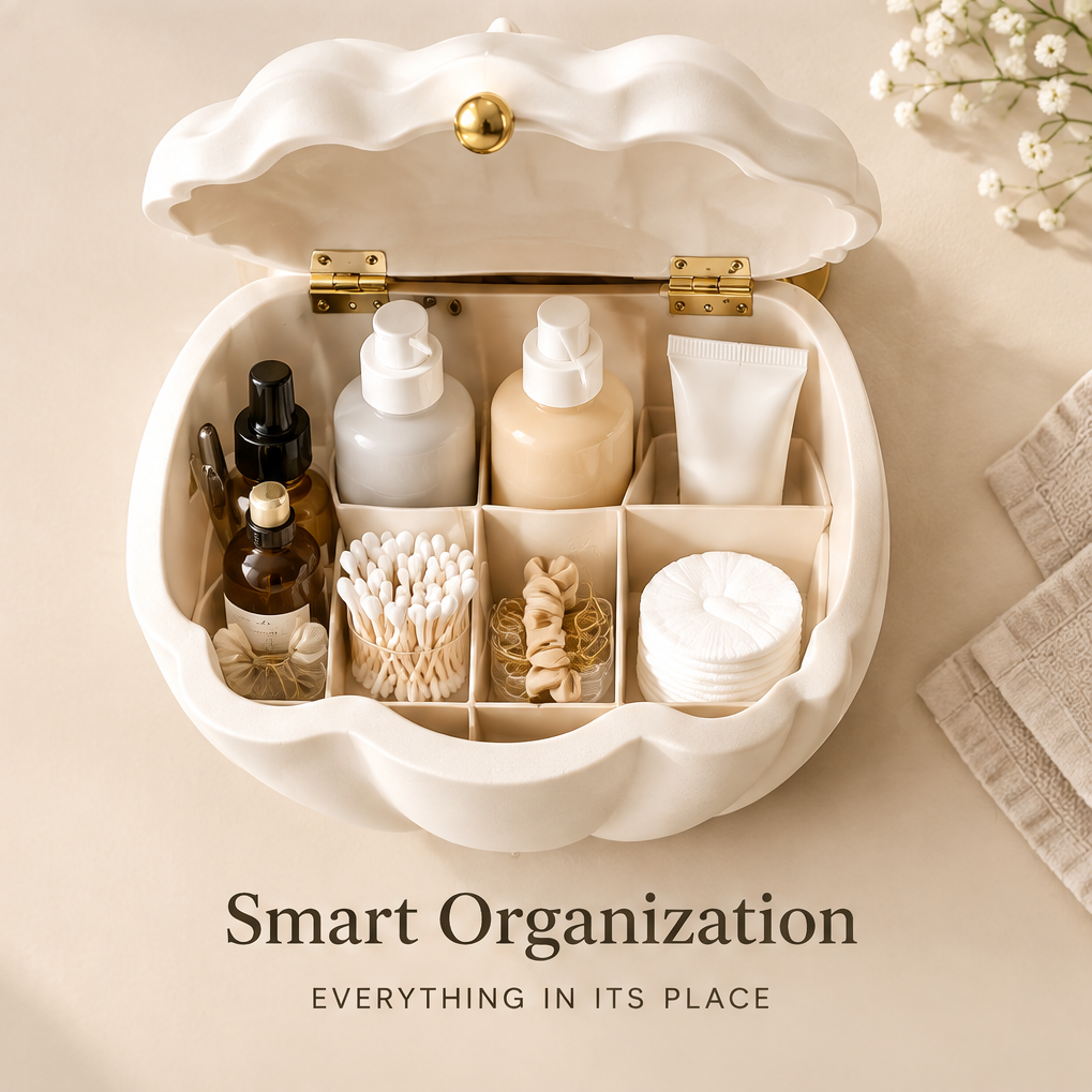 Smart organization — everything in its place. Top-down view of shell organizer interior with dividers holding skincare bottles, cotton buds, scrunchies and cotton pads