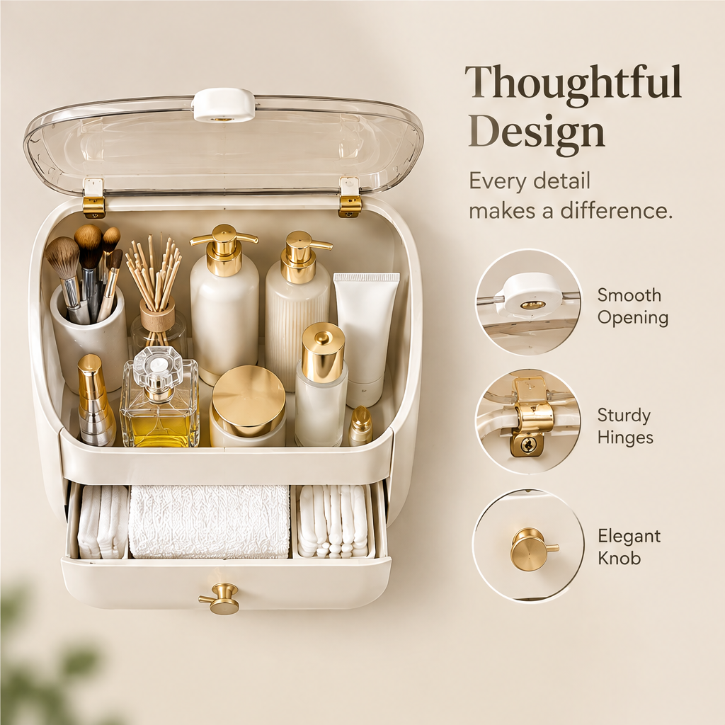 Thoughtful design — every detail makes a difference. Smooth opening, sturdy gold hinges, and elegant gold knob drawer. Top-down view of organizer filled with skincare and brushes