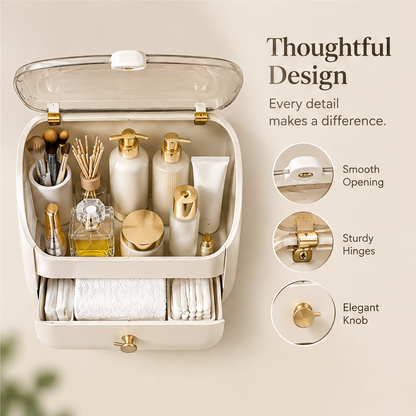 Thoughtful design — every detail makes a difference. Smooth opening, sturdy gold hinges, and elegant gold knob drawer. Top-down view of organizer filled with skincare and brushes