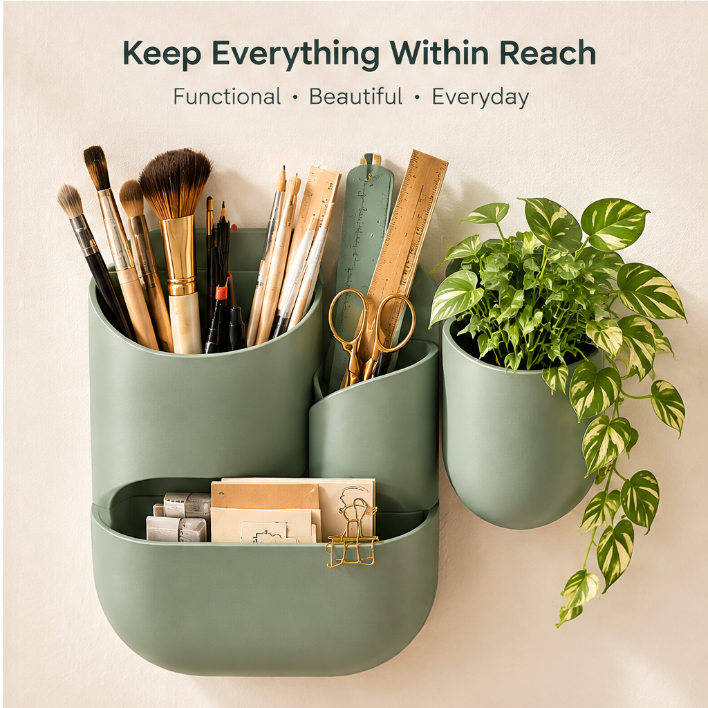 Keep everything within reach — functional, beautiful, everyday. Wall organizer with brushes, rulers, scissors, cards, and a trailing plant