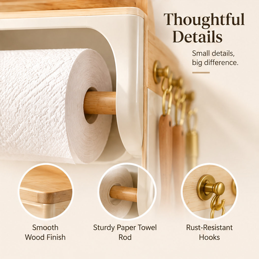 Thoughtful details — small details, big difference. Smooth wood finish, sturdy paper towel rod, and rust-resistant gold hooks close-up