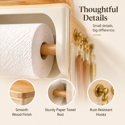 Thoughtful details — small details, big difference. Smooth wood finish, sturdy paper towel rod, and rust-resistant gold hooks close-up